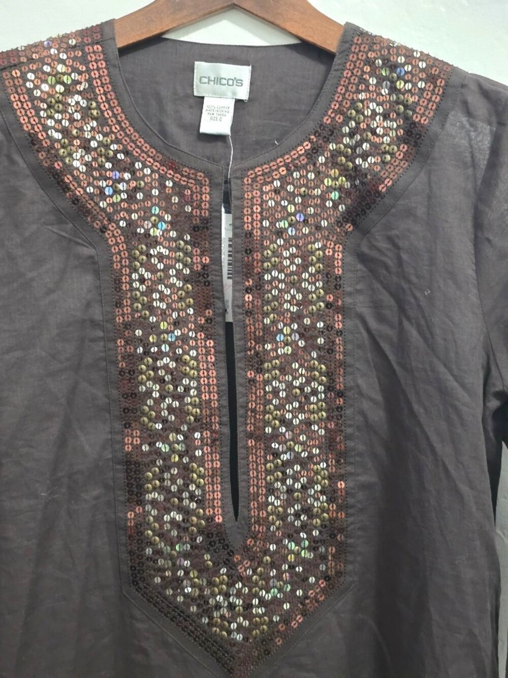 NWT Chicos Size 0 Bronze/Brown Gild Livian Long Sleeve Tunic Sequins 100% Cotton - Picture 7 of 12